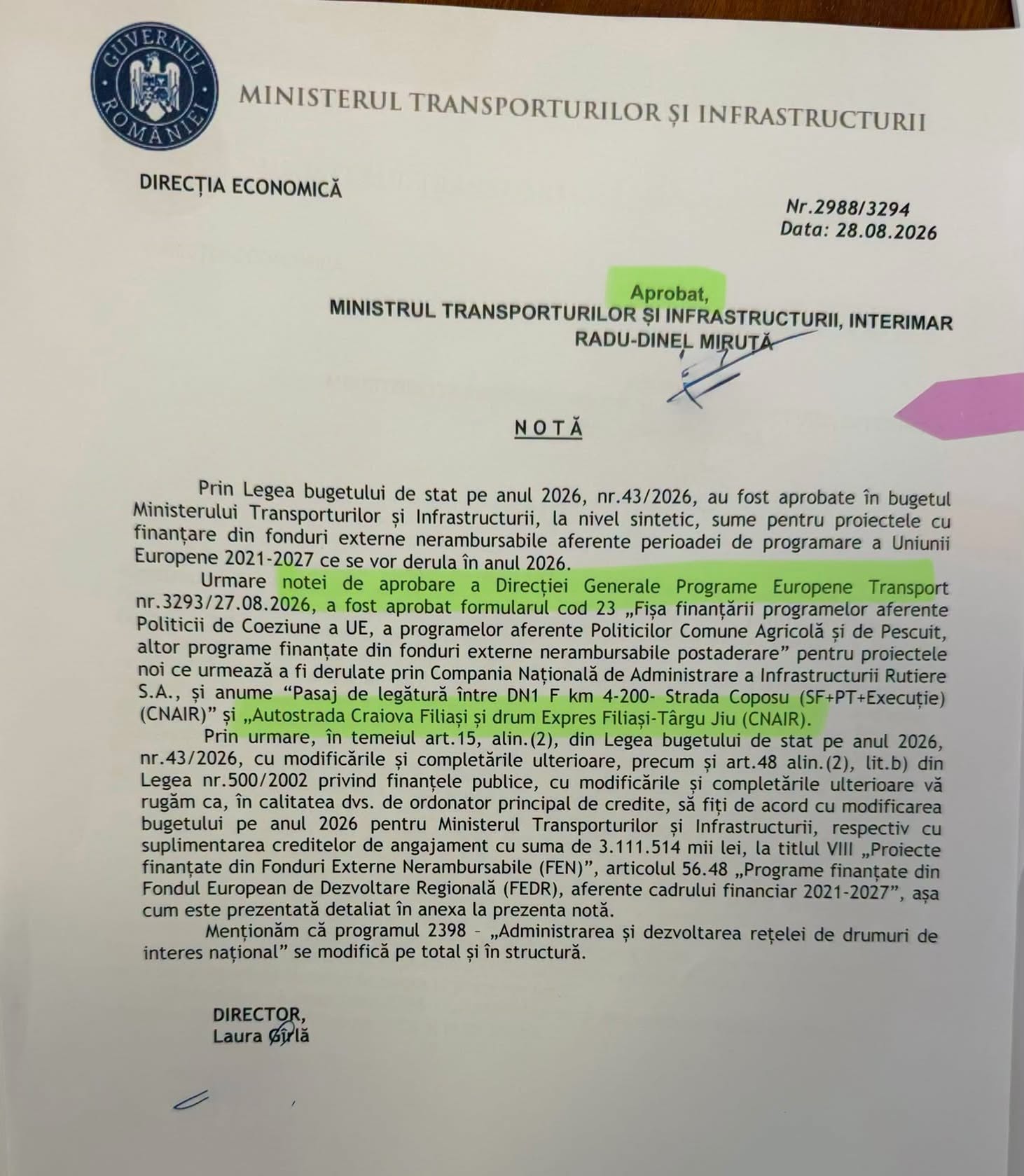 Radu Miruță prezintă documente care să demonstreze aprobarea finanțării pentru Drumul Expres Filiași–Târgu Jiu